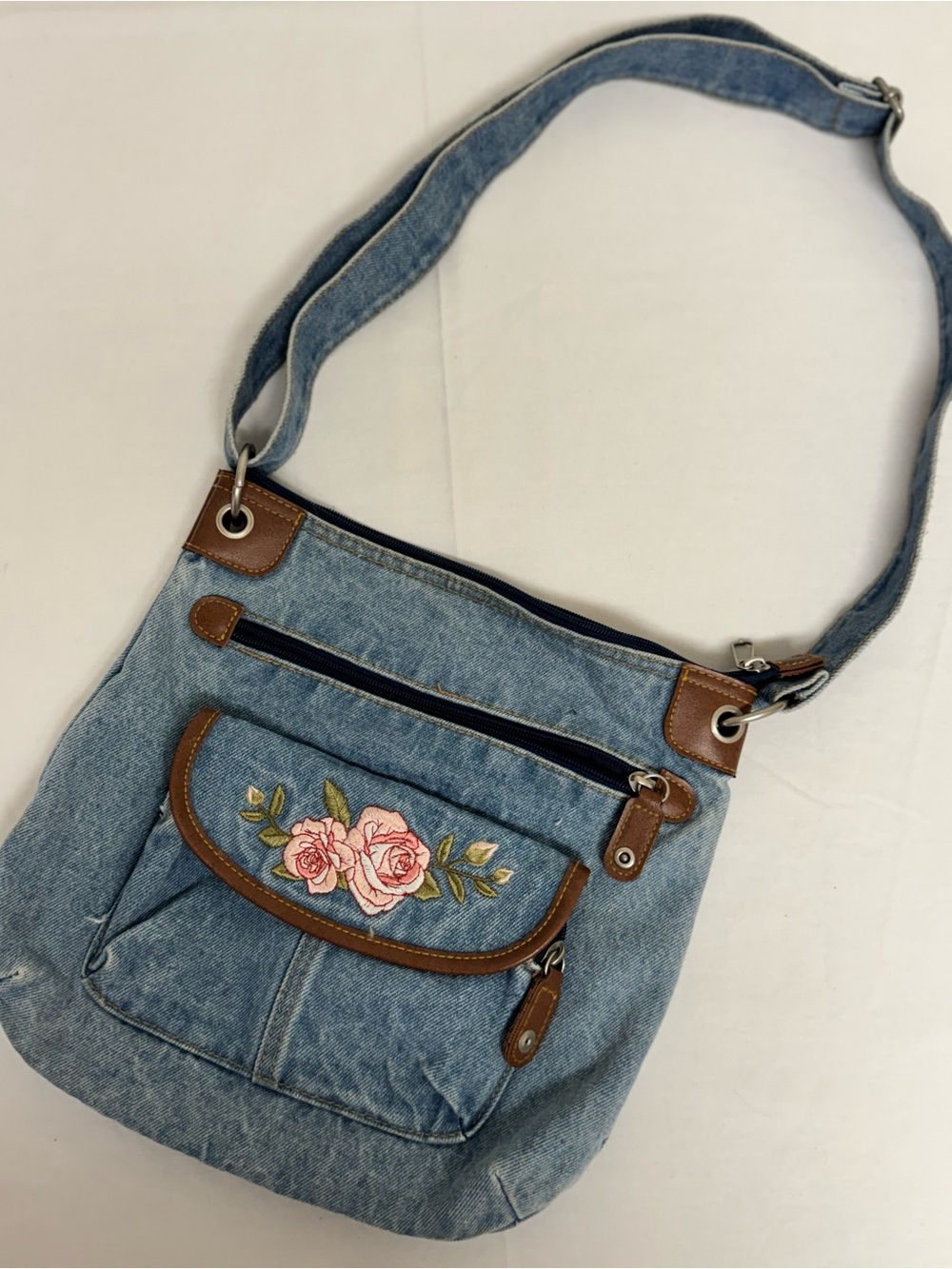 Denim Crossbody Bag with Rose Embroidery - Blue